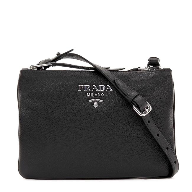 Prada Messenger Double Zip Black Leather Cross Body Bag