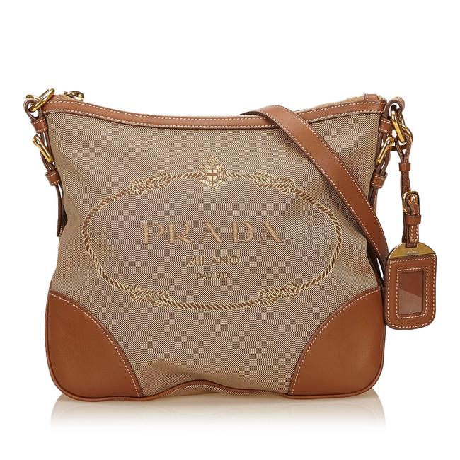 Prada Shoulder Embroided Logo Jacquard Brown Fabric Cross Body Bag