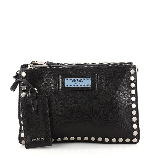 Prada Etiquette Studded Glace Calfskin Small Black Leather Cross Body Bag