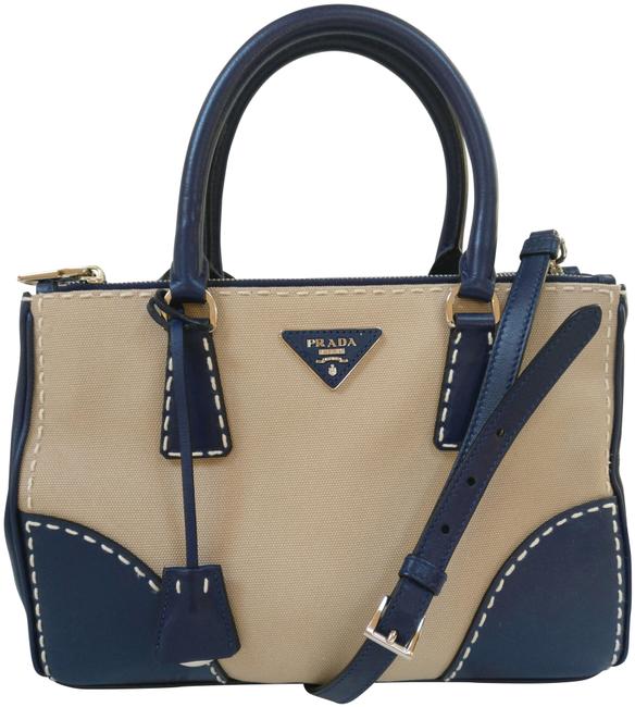 Prada Galleria Double Zip Tote Beige Blue Leather Cross Body Bag