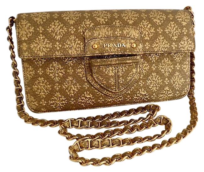 Prada Clutch Gold Floral Fabric Convertible Shoulder Brokade Cross Body Bag