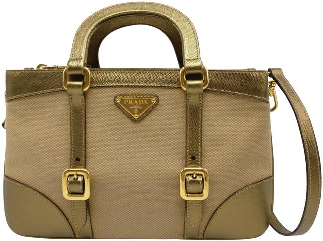Prada Gold Saffiano and Canvas Tote  Beige Leather Cross Body Bag