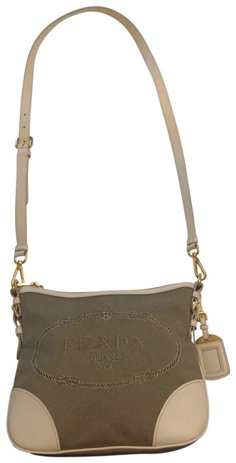 Prada Hobo Jacquard Cream Canvas Cross Body Bag