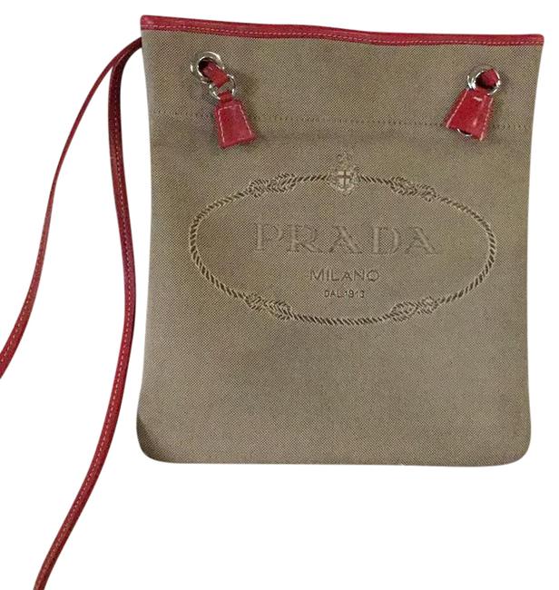 Prada Jacquard TanRed CanvasLeather Cross Body Bag