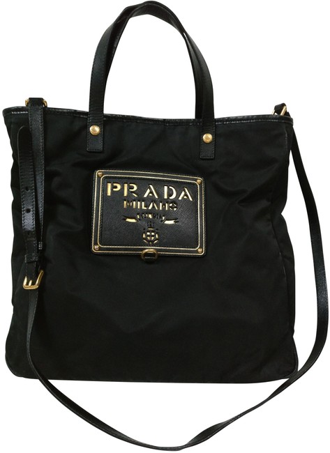 Prada Large Nylon Leather Tote Black Canvas Cross Body Bag