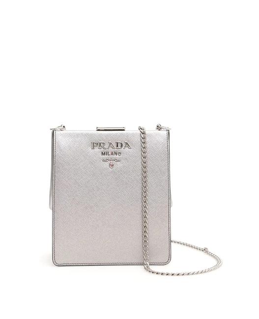 Prada Light Frame Cr New Saffiano and City Calf Silver Leather Cross Body Bag