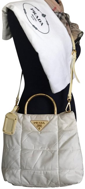 Prada Like New Quilted Nylon Cream Patent Leather Cross Body Bag