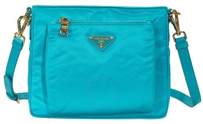 Prada Logo Plaque Turquoise Nylon Cross Body Bag