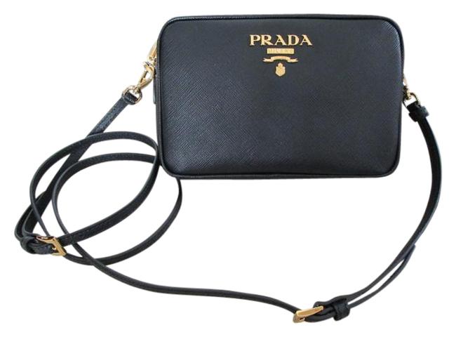 Prada Logo Saffiano Camera Handbag Black Leather Cross Body Bag
