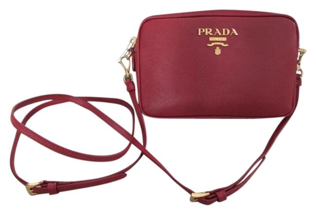 Prada Logo Saffiano Camera Handbag Red Leather Cross Body Bag
