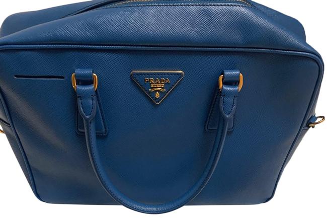 Prada Lux Saffiano Medium Tote Blue Canvas Cross Body Bag