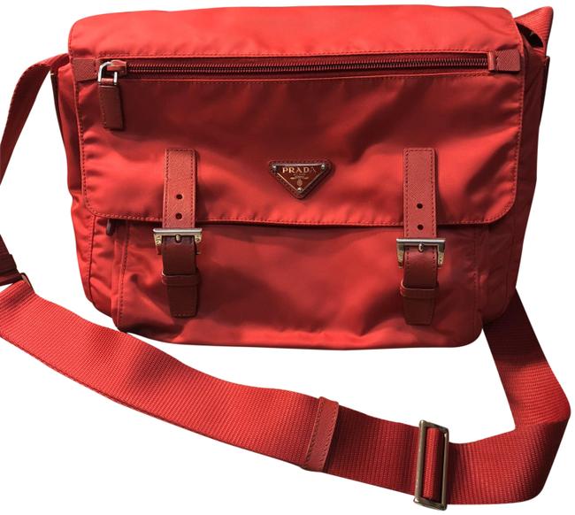 Prada Made In Italy Red Nylon: Leather Cross Body Bag