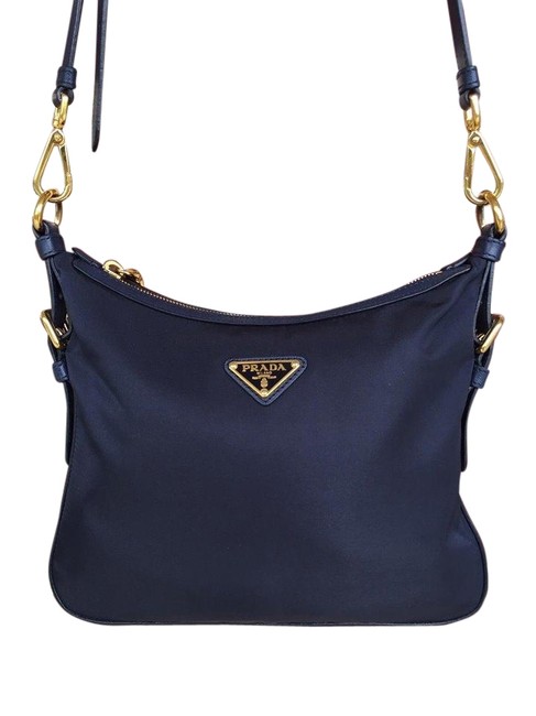 Prada Messenger Gold Hardware Saffiano Tessuto Navy Blue Nylon Cross Body Bag