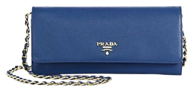 Prada Metal Oro Chain Wallet Cobalt Blue Saffiano Leather Cross Body Bag