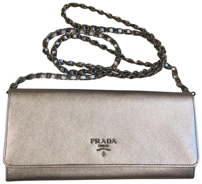 Prada Wallet on Chain Metal Woc Silver Saffiano Leather Cross Body Bag