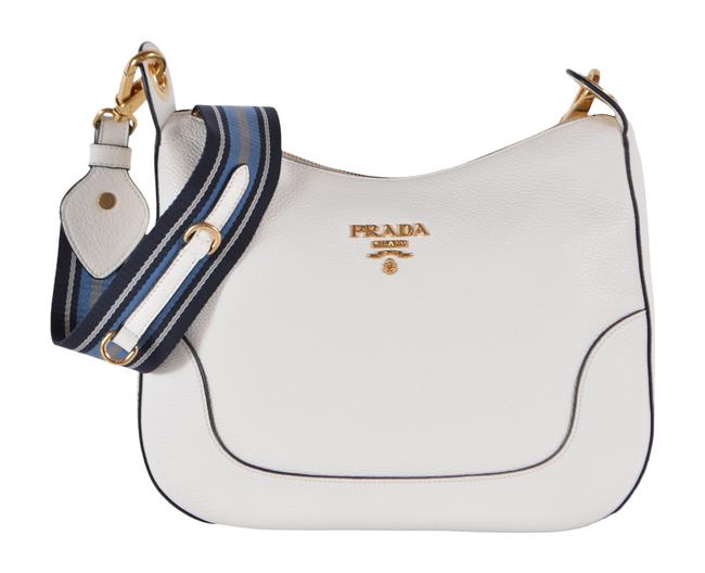 Prada New 1bc052 Soft Daino Stripe Strap Purse White Leather Cross Body Bag
