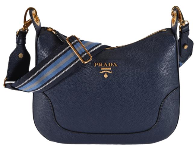 Prada New Baltico Soft Daino Stripe Strap Purse Blue Leather Cross Body Bag
