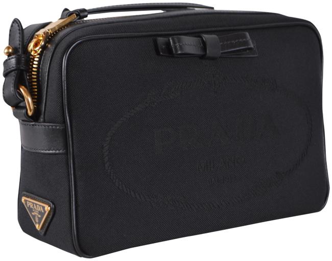 Prada New Embroidered Logo Camera Black Canvas and Leather Cross Body Bag