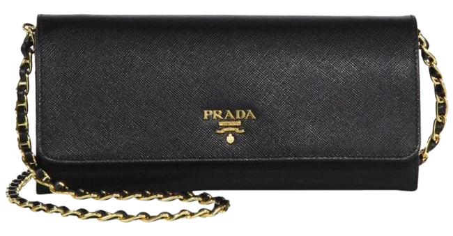 Prada New Metal Oro Wallet on chain Black Saffiano Leather Cross Body Bag