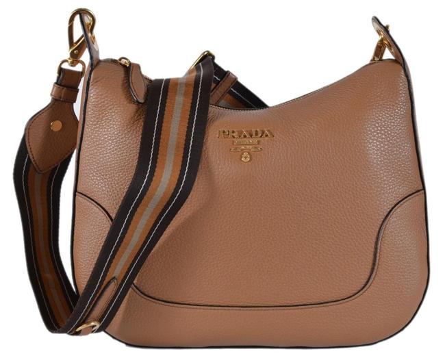 Prada New Tan Soft Daino Stripe Strap Purse Brown Leather Cross Body Bag