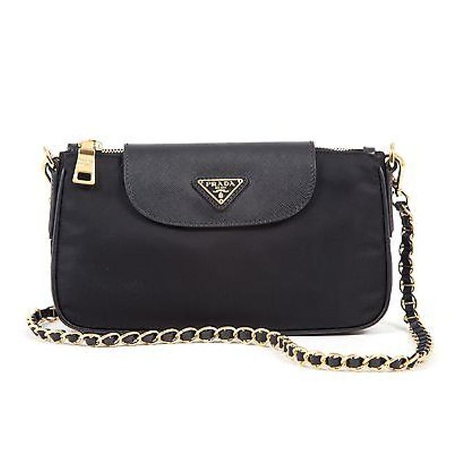 Prada New Tessuto Saffiano Nylon Leather Chain Handle Black Cross Body Bag