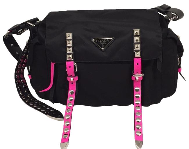 Prada New Vela Black and Pink Nylon Cross Body Bag