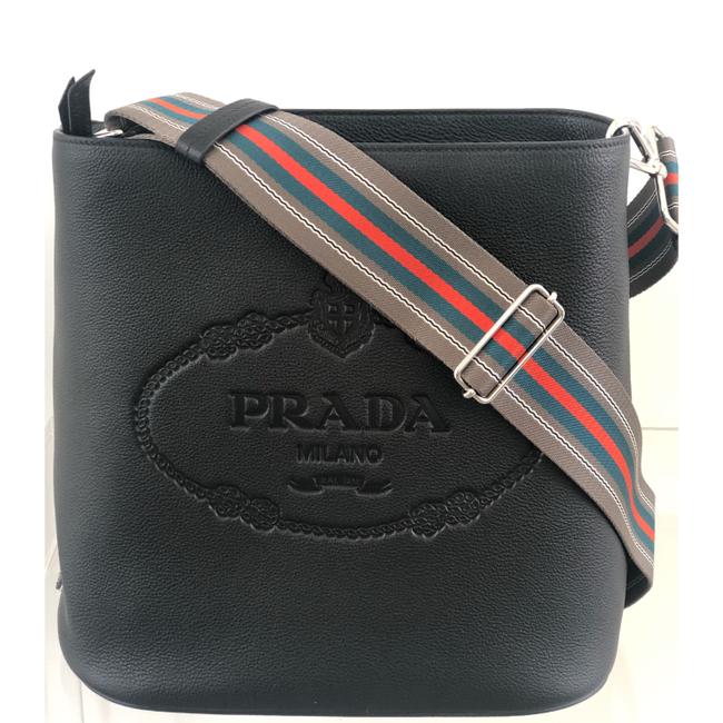 Prada New Vitello Secchiello Embossed Logo Black Leather Cross Body Bag