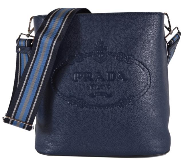Prada New Vitello Secchiello Embossed Logo Blue Leather Cross Body Bag