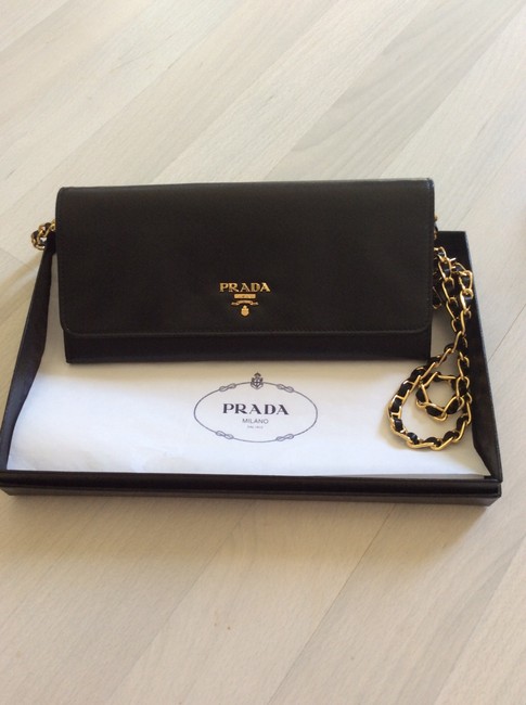 Prada Oro Chain Wallet Black Saffiano Cross Body Bag