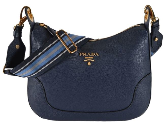 Prada Phenix New Stripe Strap Purse Blue Leather Cross Body Bag