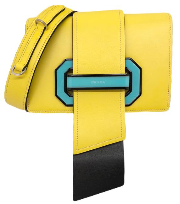 Prada Plex Ribbon Pattina City Calf Neon Yellow Mint Leather Cross Body Bag
