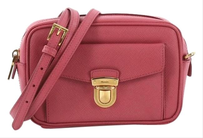 Prada Camera Pushlock Pocket Small Pink Saffiano Leather Cross Body Bag