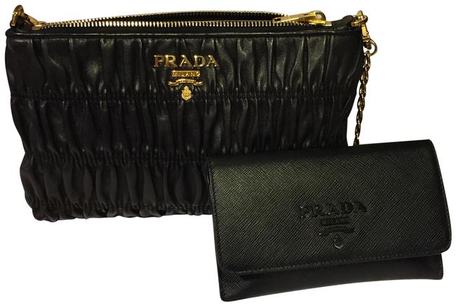 Prada Rouche Handbag and Saffiano Card Holder Black Leather Cross Body Bag