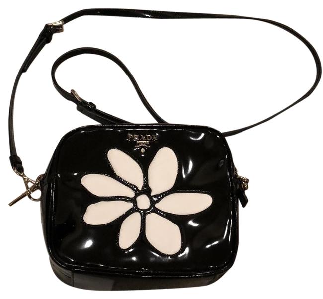 Prada Runaway Flower In Black and White Patent Leather Cross Body Bag