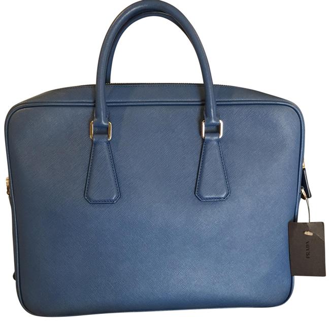 Prada Saffiano Briefcase Blue Leather Cross Body Bag