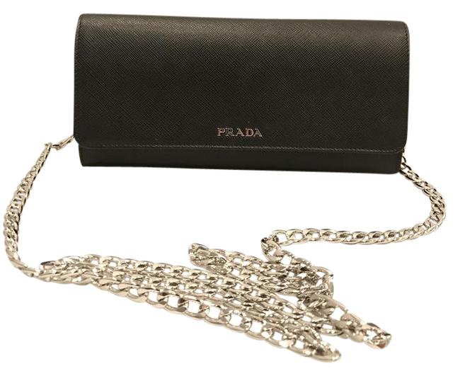 Prada Chain Clutch Saffiano Foldover Woc Wallet Black Leather Cross Body Bag