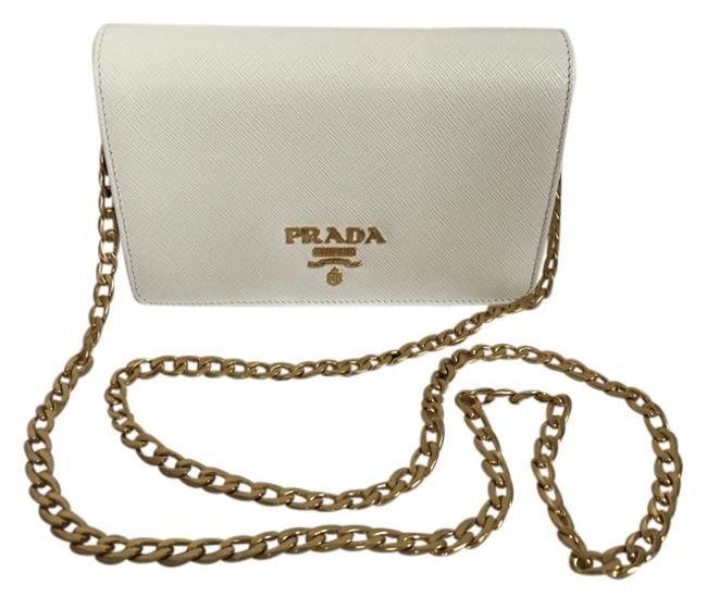 Prada Lux Saffiano Logo Chain Handbag White Leather Cross Body Bag