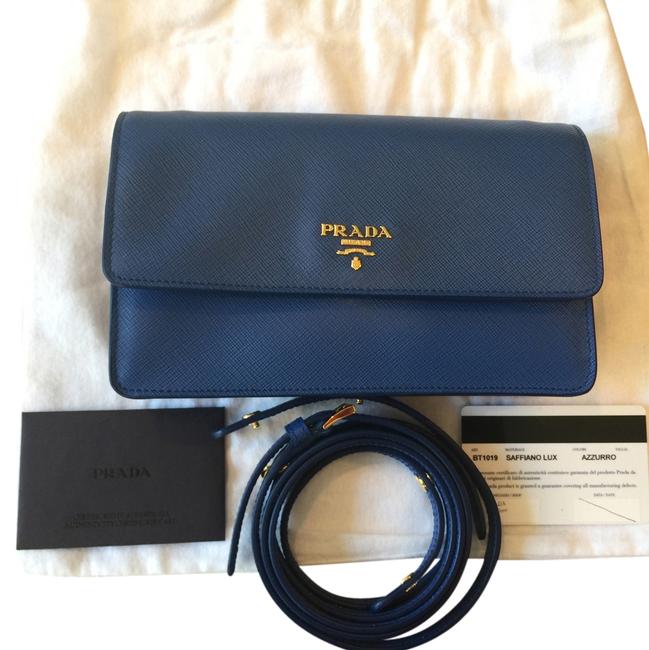 Prada Lux Saffiano Mini Blue Leather Cross Body Bag