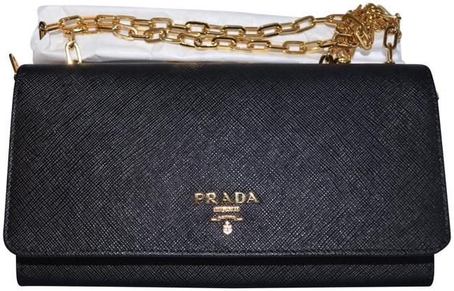 Prada Wallet on Chain Clutch Saffiano Handbag Black Leather Cross Body Bag