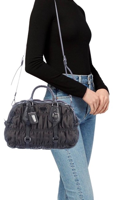 Prada Satchel Charcoal Gray Leather and Nylon Cross Body Bag