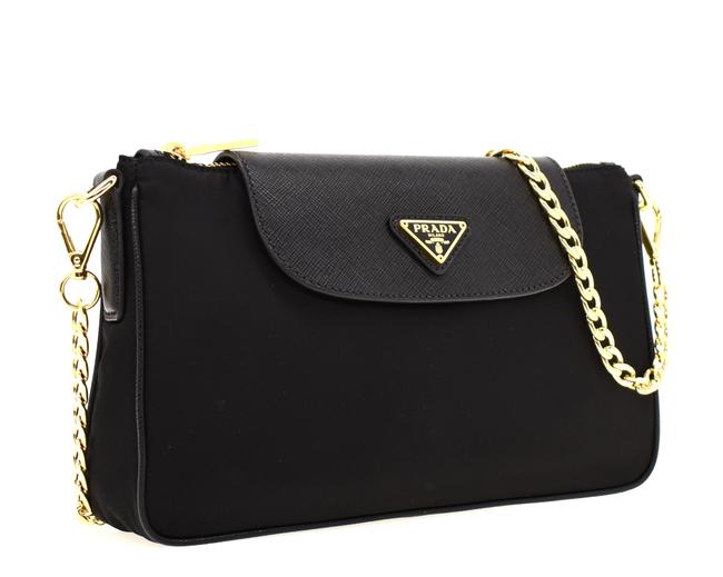 Prada Shoulder Chain Black Leather Nylon Cross Body Bag