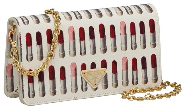 Prada Shoulder Clutch Lipstick Print White Saffiano Leather Cross Body Bag