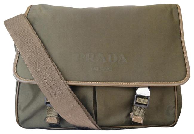 Prada Shoulder Milano Italy Khaki Nylon Leather Cross Body Bag