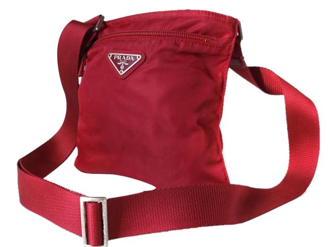 Prada Shoulder Red Canvas Nylon Leather Cross Body Bag