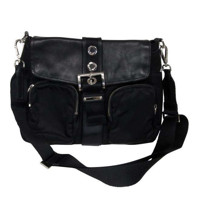 Prada Signature Chrome Hardware and Leather Detail Black Nylon Cross Body Bag