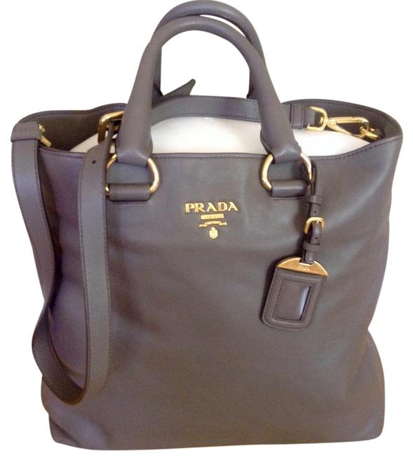 Prada Shopping Tote Shoulder Soft Calf Gray Leather Cross Body Bag