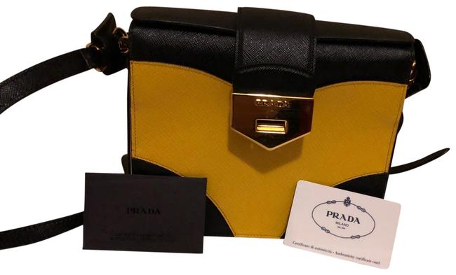 Prada Shoulder Turn lock Br5045 Black and Yellow Leather Cross Body Bag