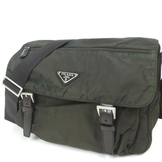 Prada Unisex Dark Green with Brown Nylon and Leather Cross Body Bag