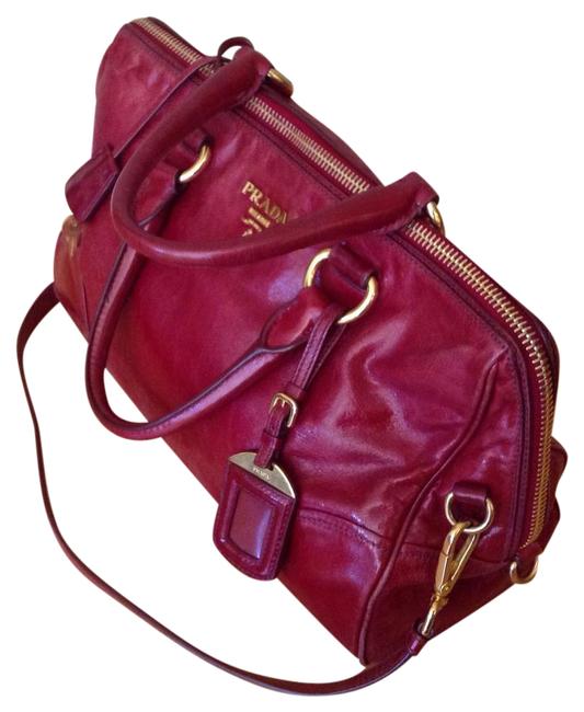 Prada Shoulder Vitello Shine Satchel Tote Red Leather Cross Body Bag