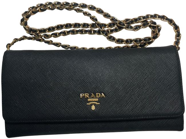 Prada Wallet on Black with Gold Chain Leather Cross Body Bag